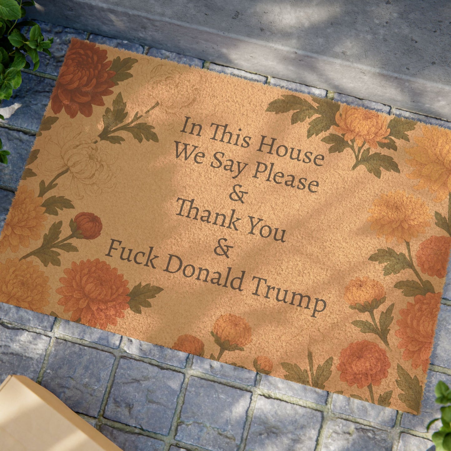 FDT Funny Political Doormat Coir Coconut Fiber In This House We Say Please & Thank You + F*ck Donald Trump Housewarming Entryway Welcome Mat