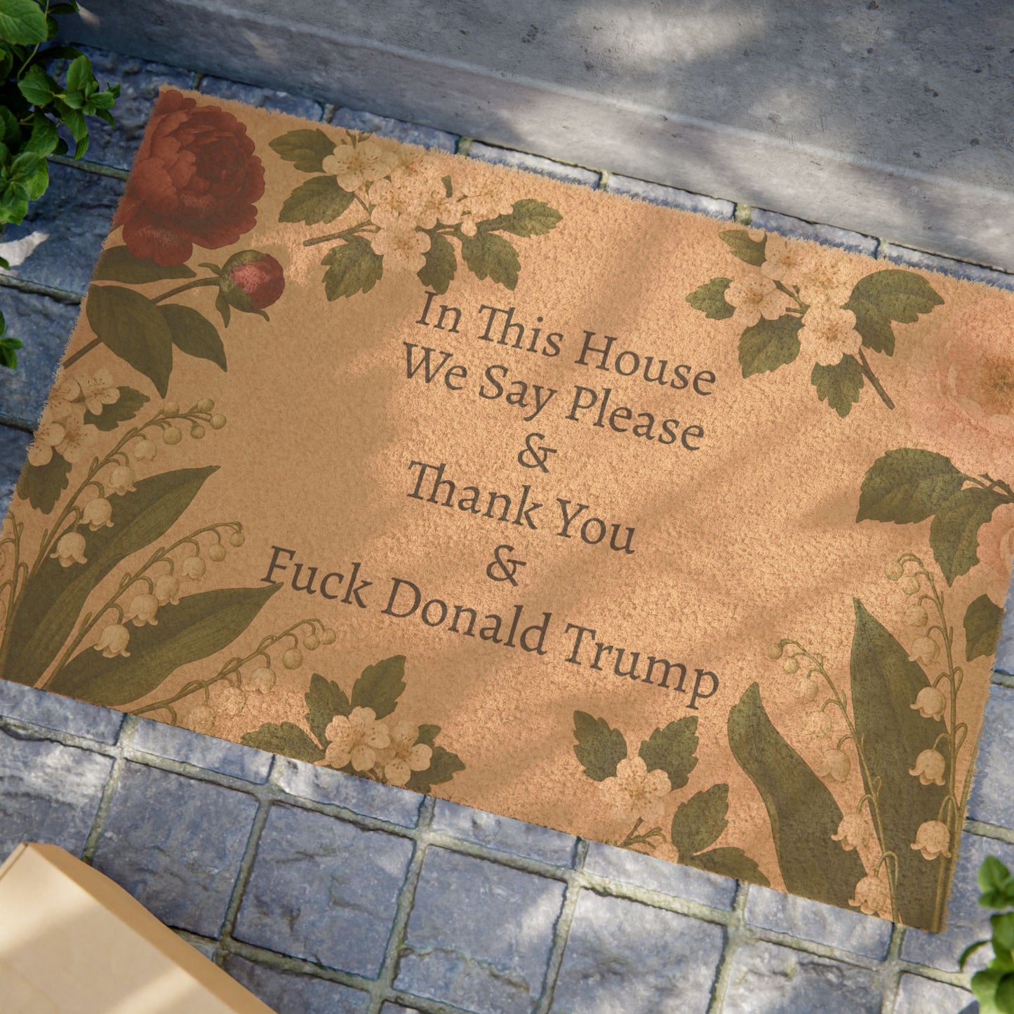 FDT Funny Political Doormat Coir Coconut Fiber In This House We Say Please & Thank You + F*ck Donald Trump Housewarming Entryway Welcome Mat
