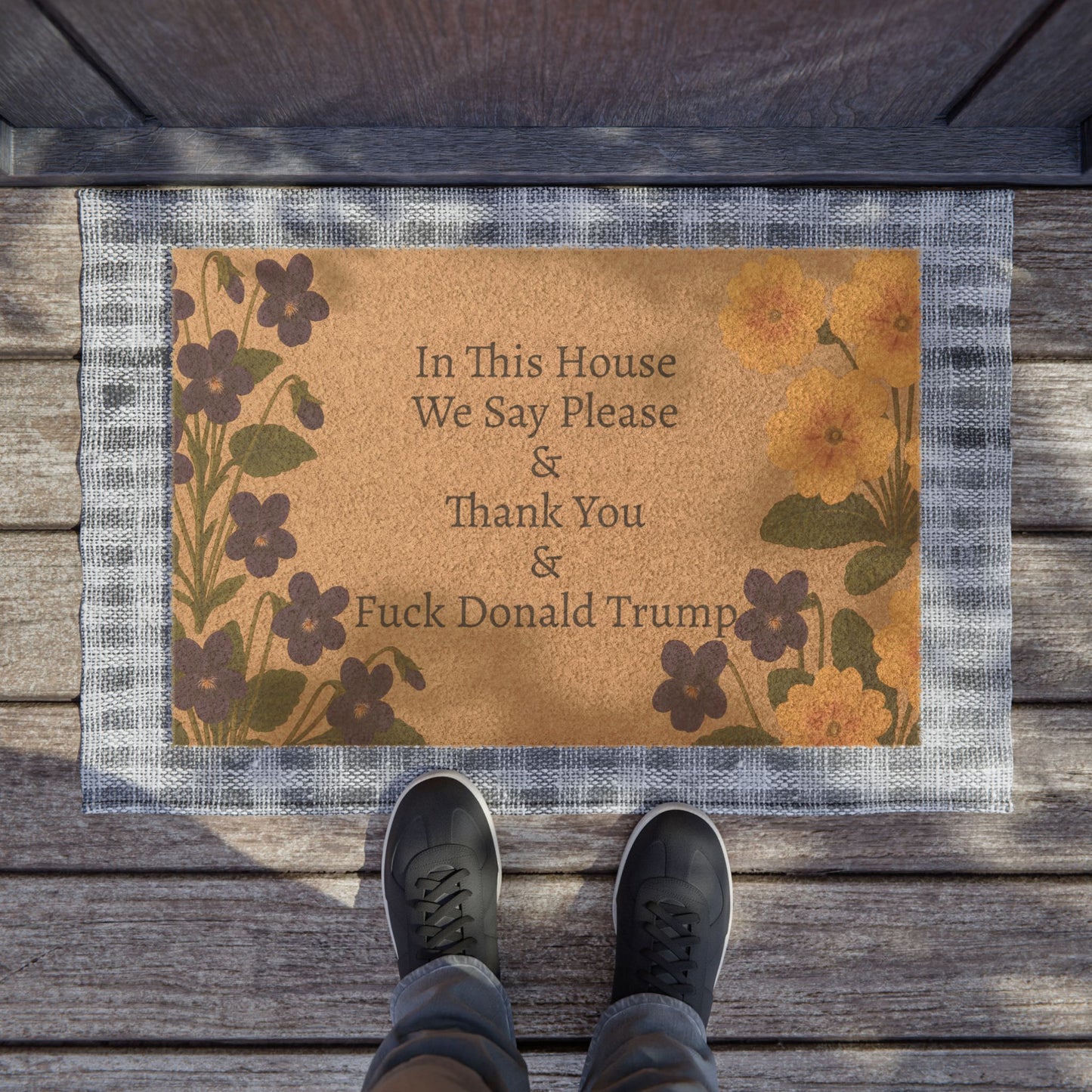 FDT Funny Political Doormat Coir Coconut Fiber In This House We Say Please & Thank You + F*ck Donald Trump Housewarming Entryway Welcome Mat