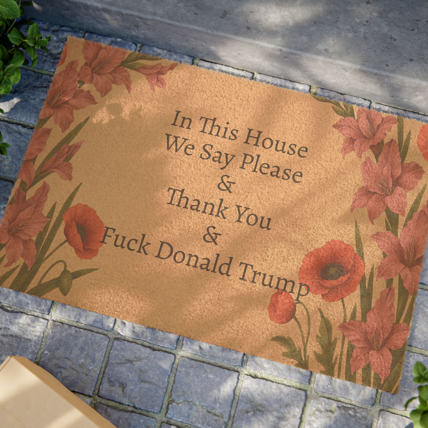 FDT Funny Political Doormat Coir Coconut Fiber In This House We Say Please & Thank You + F*ck Donald Trump Housewarming Entryway Welcome Mat