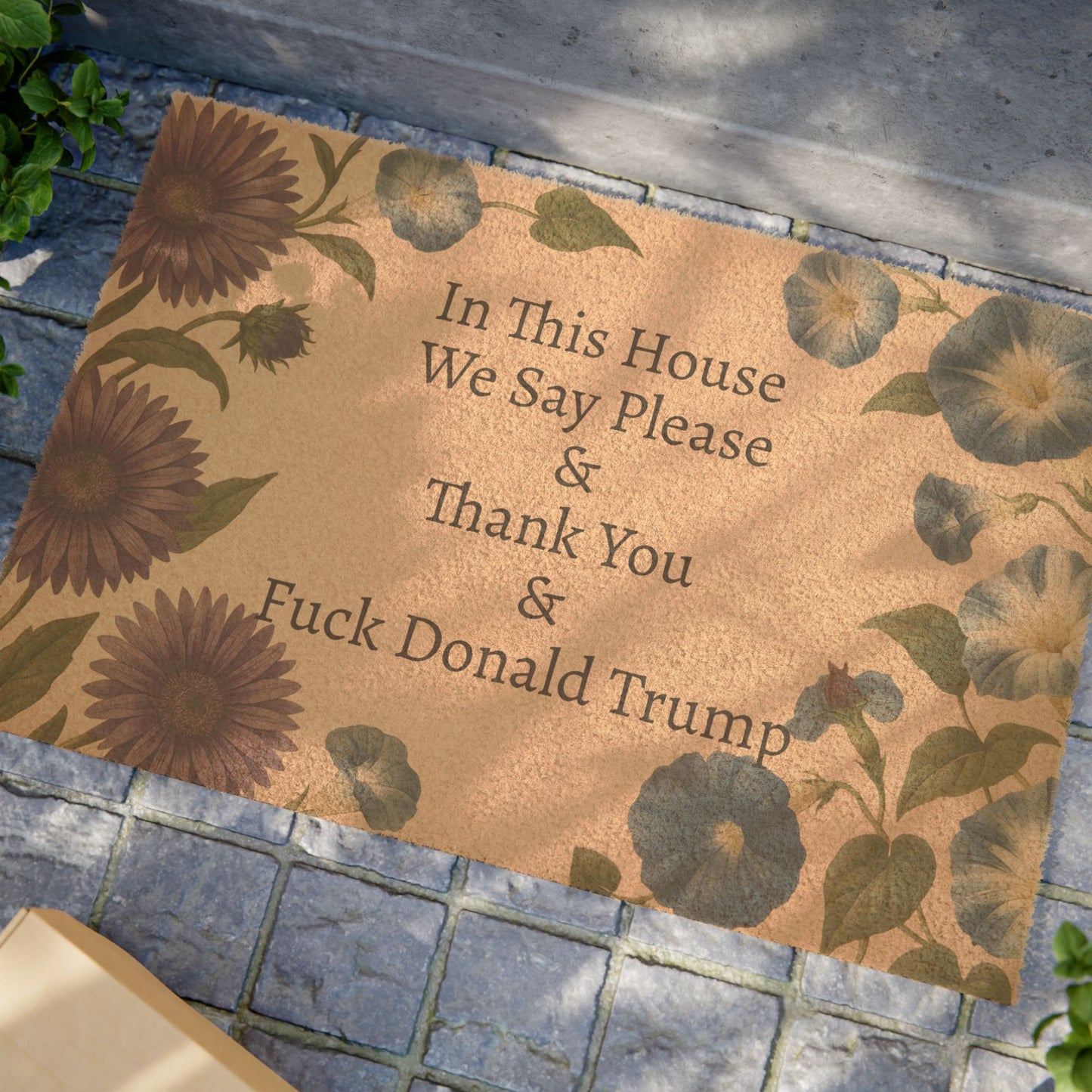 FDT Funny Political Doormat Coir Coconut Fiber In This House We Say Please & Thank You + F*ck Donald Trump Housewarming Entryway Welcome Mat