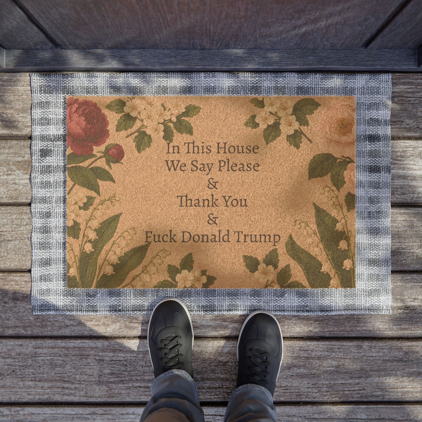 FDT Funny Political Doormat Coir Coconut Fiber In This House We Say Please & Thank You + F*ck Donald Trump Housewarming Entryway Welcome Mat