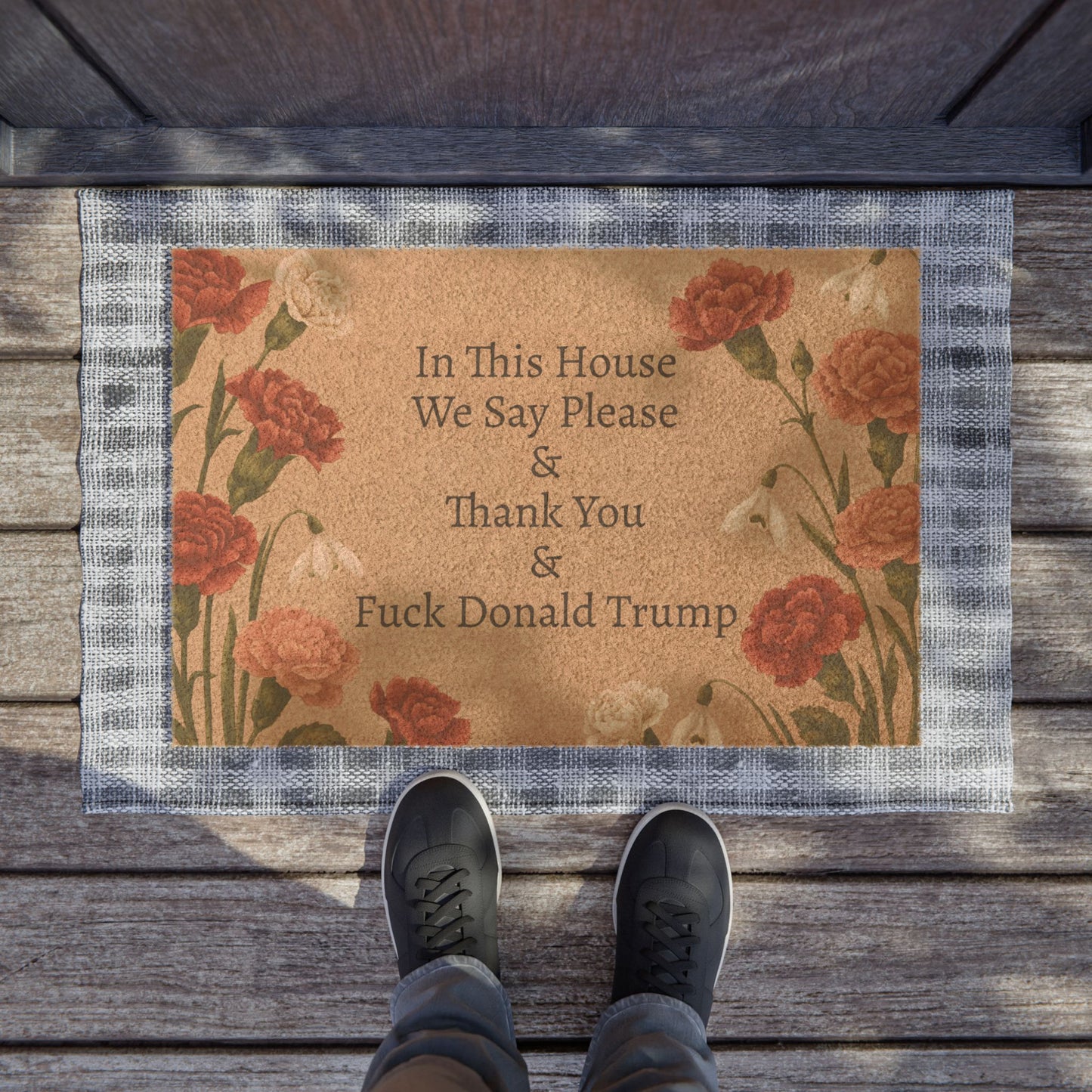 FDT Funny Political Doormat Coir Coconut Fiber In This House We Say Please & Thank You + F*ck Donald Trump Housewarming Entryway Welcome Mat
