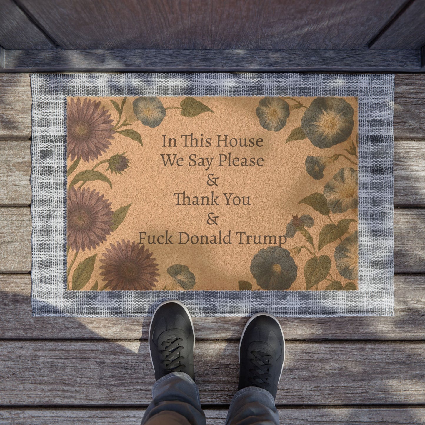 FDT Funny Political Doormat Coir Coconut Fiber In This House We Say Please & Thank You + F*ck Donald Trump Housewarming Entryway Welcome Mat