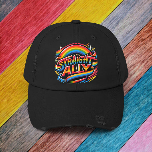 Distressed Cap, LGBT Pride Straight Ally Hat, LGBTQIA Supportive Baseball Cap, Unisex Distressed Trucker Cap, Pride Parade Hat, Vintage