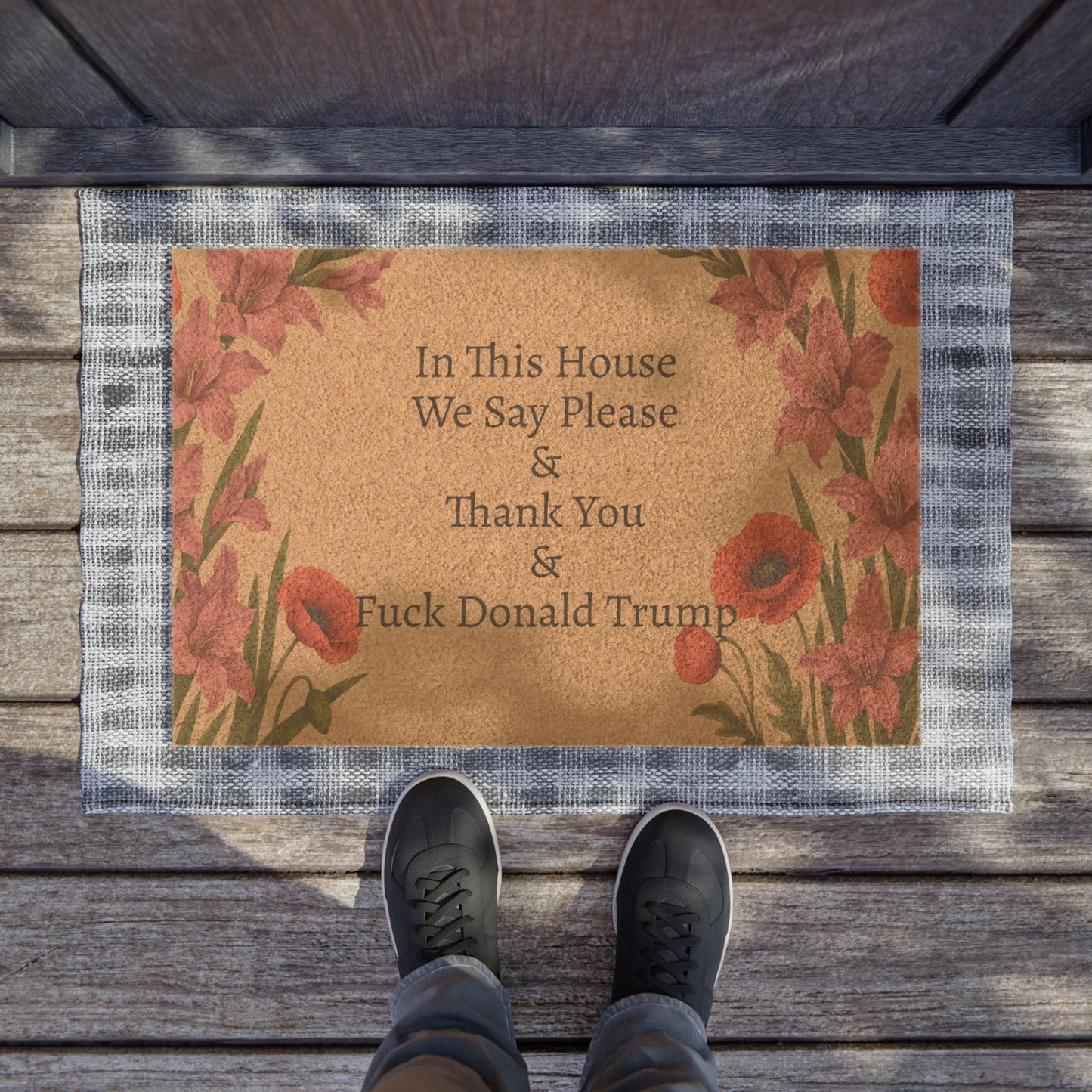 FDT Funny Political Doormat Coir Coconut Fiber In This House We Say Please & Thank You + F*ck Donald Trump Housewarming Entryway Welcome Mat