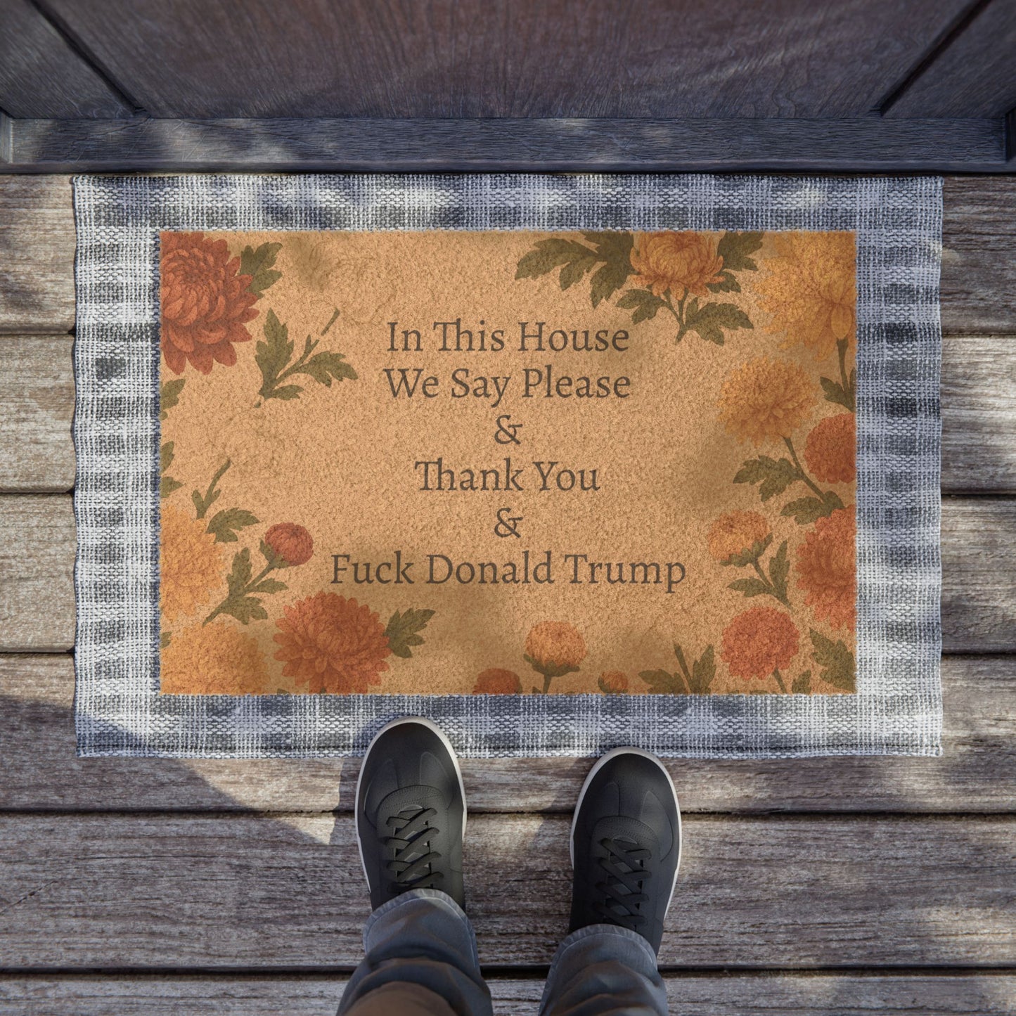 FDT Funny Political Doormat Coir Coconut Fiber In This House We Say Please & Thank You + F*ck Donald Trump Housewarming Entryway Welcome Mat